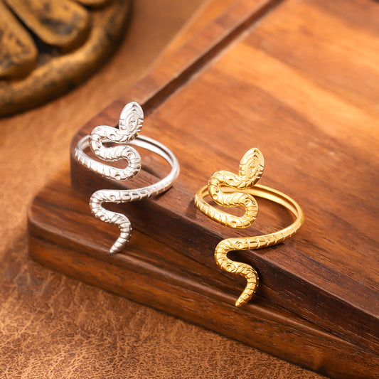 Stainless Steel Gold-Plated Snake Ring | Adjustable Chinese Zodiac Ring