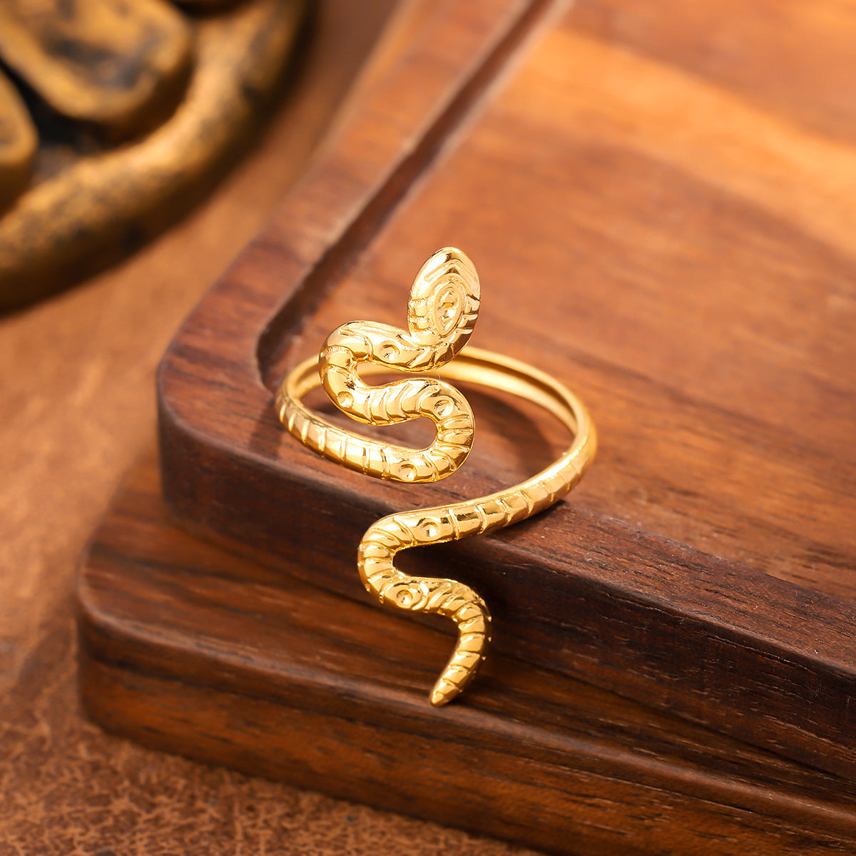 Stainless Steel Gold-Plated Snake Ring | Adjustable Chinese Zodiac Ring