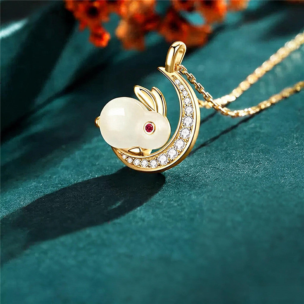 Sterling Silver Rabbit Pendant Necklace with Hetian Jade Pendant
