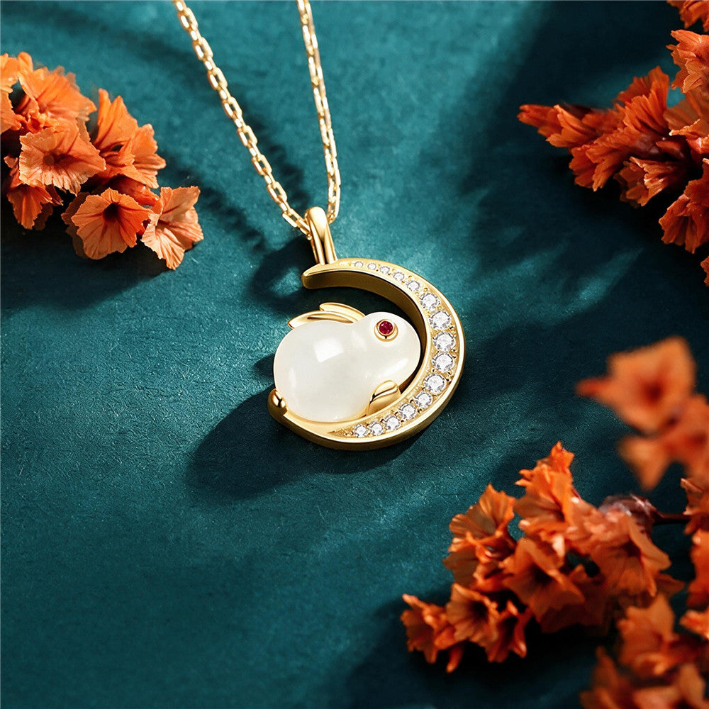 Sterling Silver Rabbit Pendant Necklace with Hetian Jade Pendant