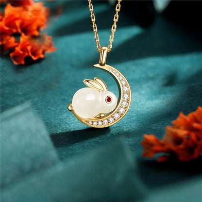 Sterling Silver Rabbit Pendant Necklace with Hetian Jade Pendant