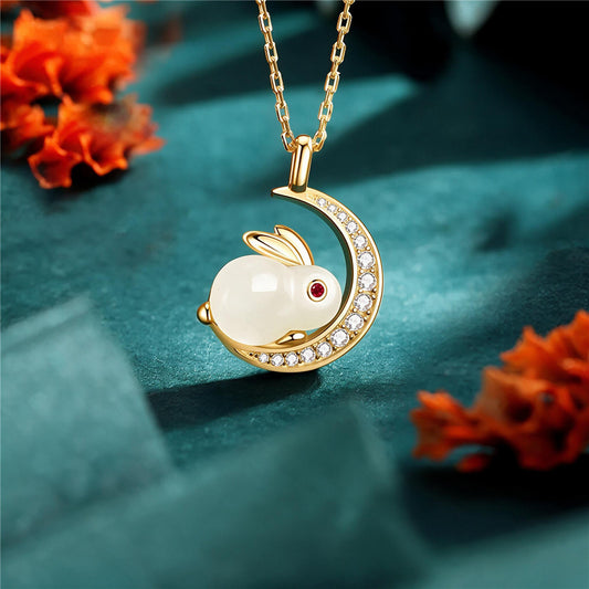 Sterling Silver Rabbit Pendant Necklace with Hetian Jade Pendant
