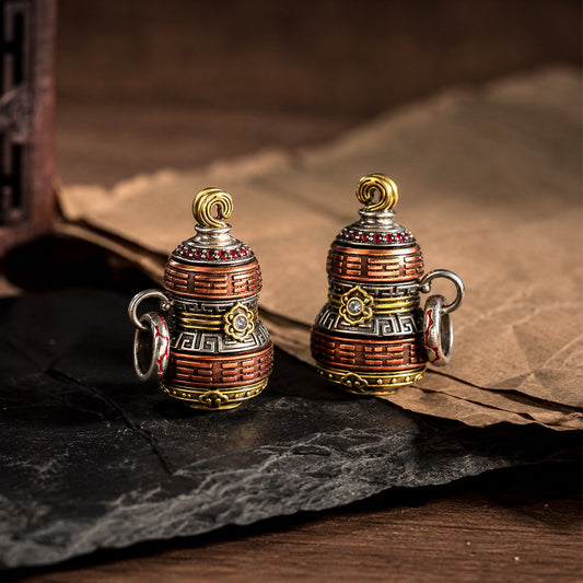 Taoist Gourd Pendant Necklace | Vintage Brass Fu Lu Luck Charm