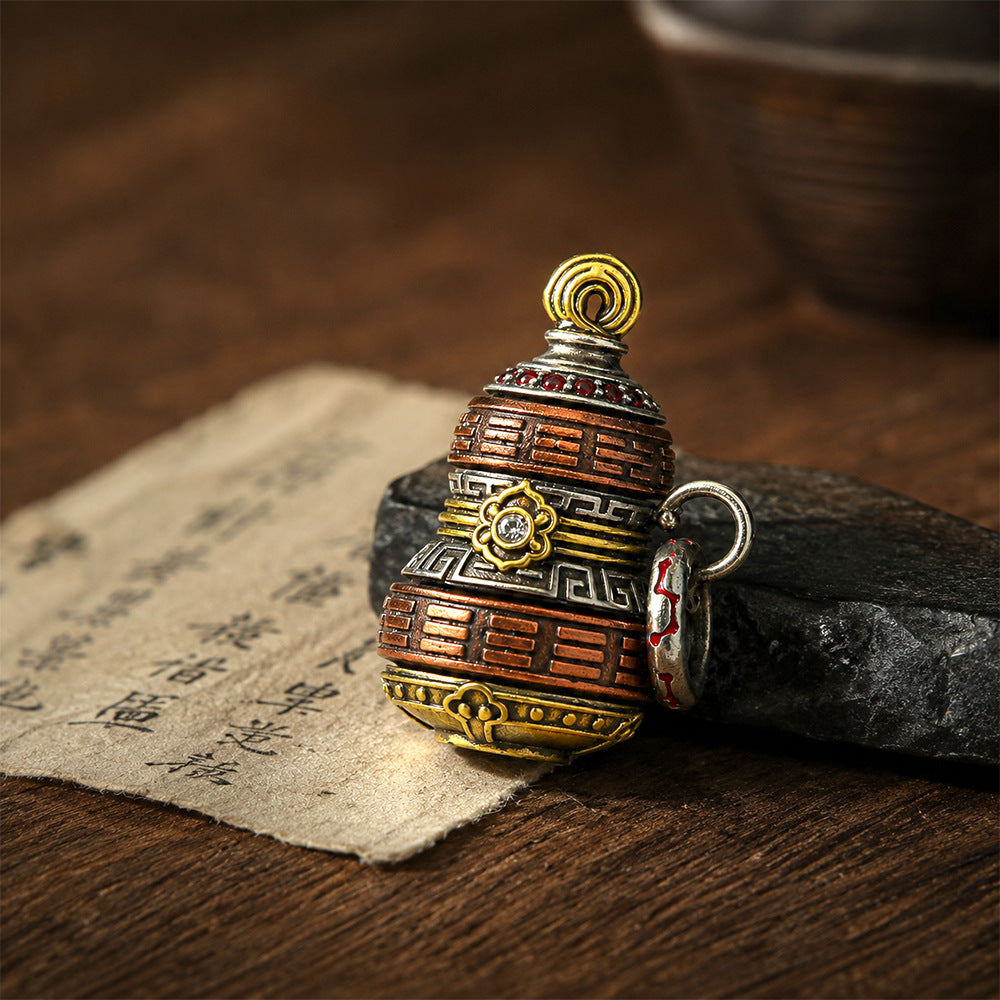 Taoist Gourd Pendant Necklace | Vintage Brass Fu Lu Luck Charm