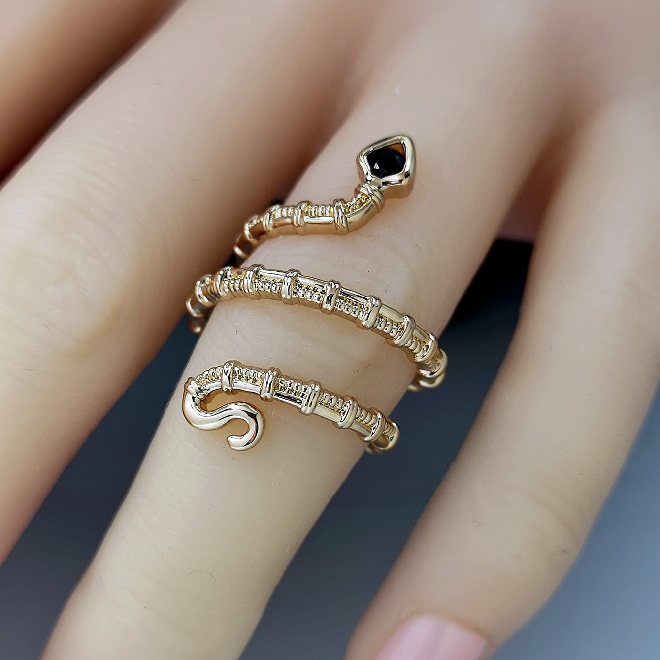 Vintage Gold-Plated Zodiac Snake Ring | Adjustable Black Zircon Serpent Ring