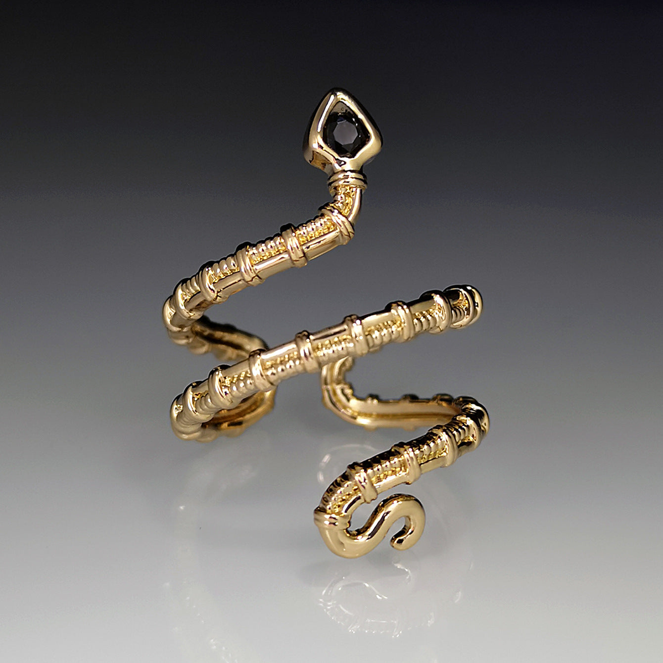 Vintage Gold-Plated Zodiac Snake Ring | Adjustable Black Zircon Serpent Ring