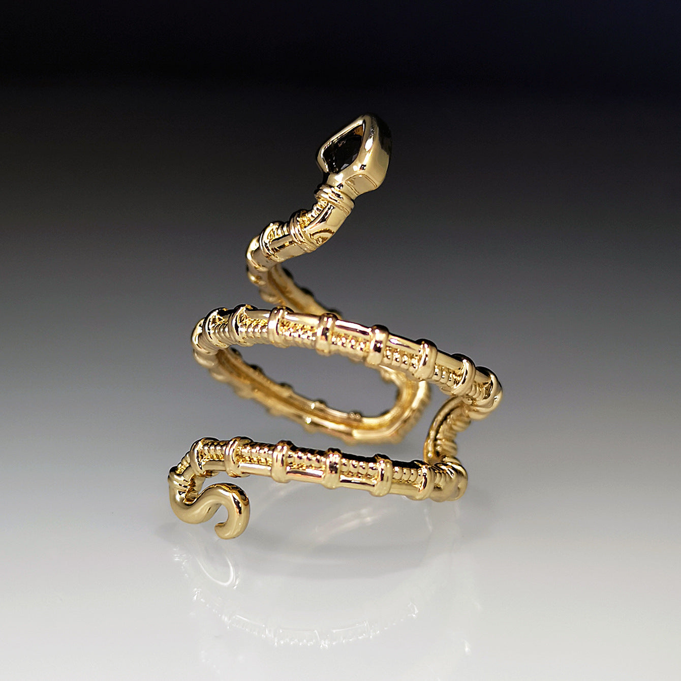 Vintage Gold-Plated Zodiac Snake Ring | Adjustable Black Zircon Serpent Ring