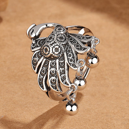 Vintage Phoenix Tassel Ring | Adjustable Antique Silver