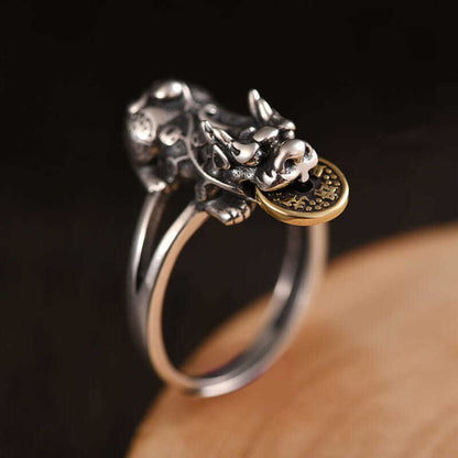 Vintage Pixiu Coin Ring | Adjustable Chinese Wealth Charm Jewelry
