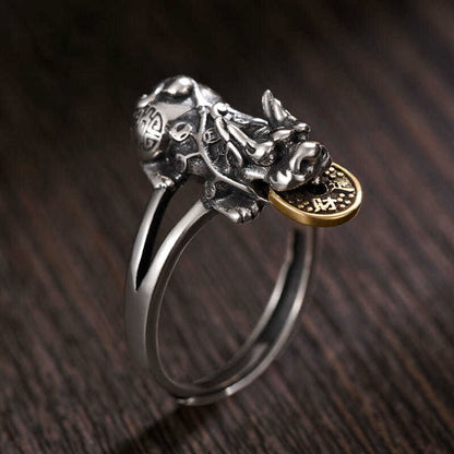 Vintage Pixiu Coin Ring | Adjustable Chinese Wealth Charm Jewelry