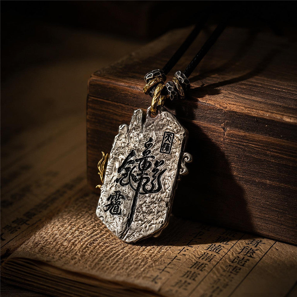 Zhong Kui Pendant Necklace | Antiqued Brass Taoist Amulet