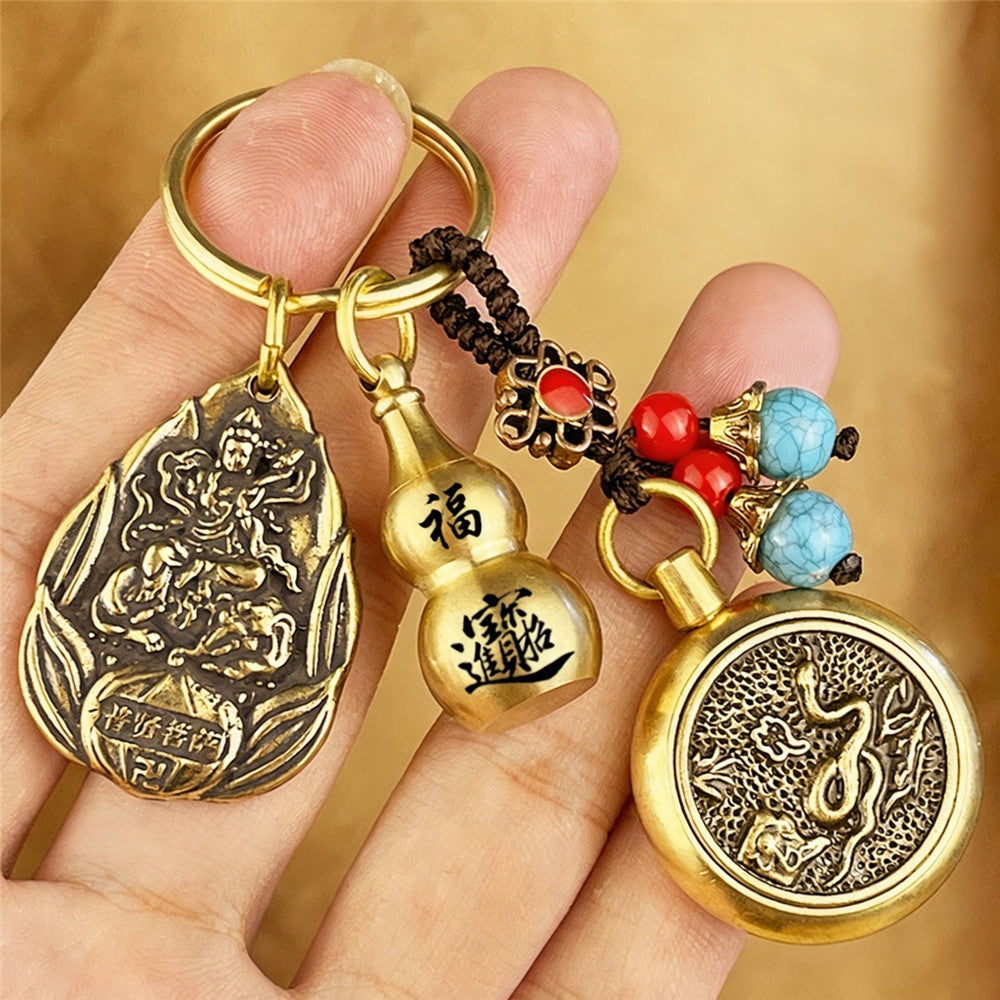 Zodiac Guardian Buddha Keychain | Brass Lucky Gourd Charm