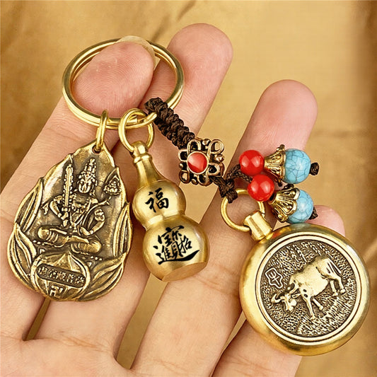 Zodiac Guardian Buddha Keychain | Brass Lucky Gourd Charm