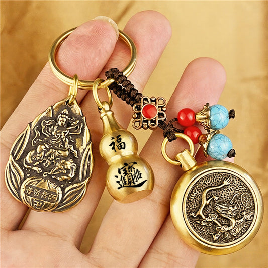 Zodiac Guardian Buddha Keychain | Brass Lucky Gourd Charm