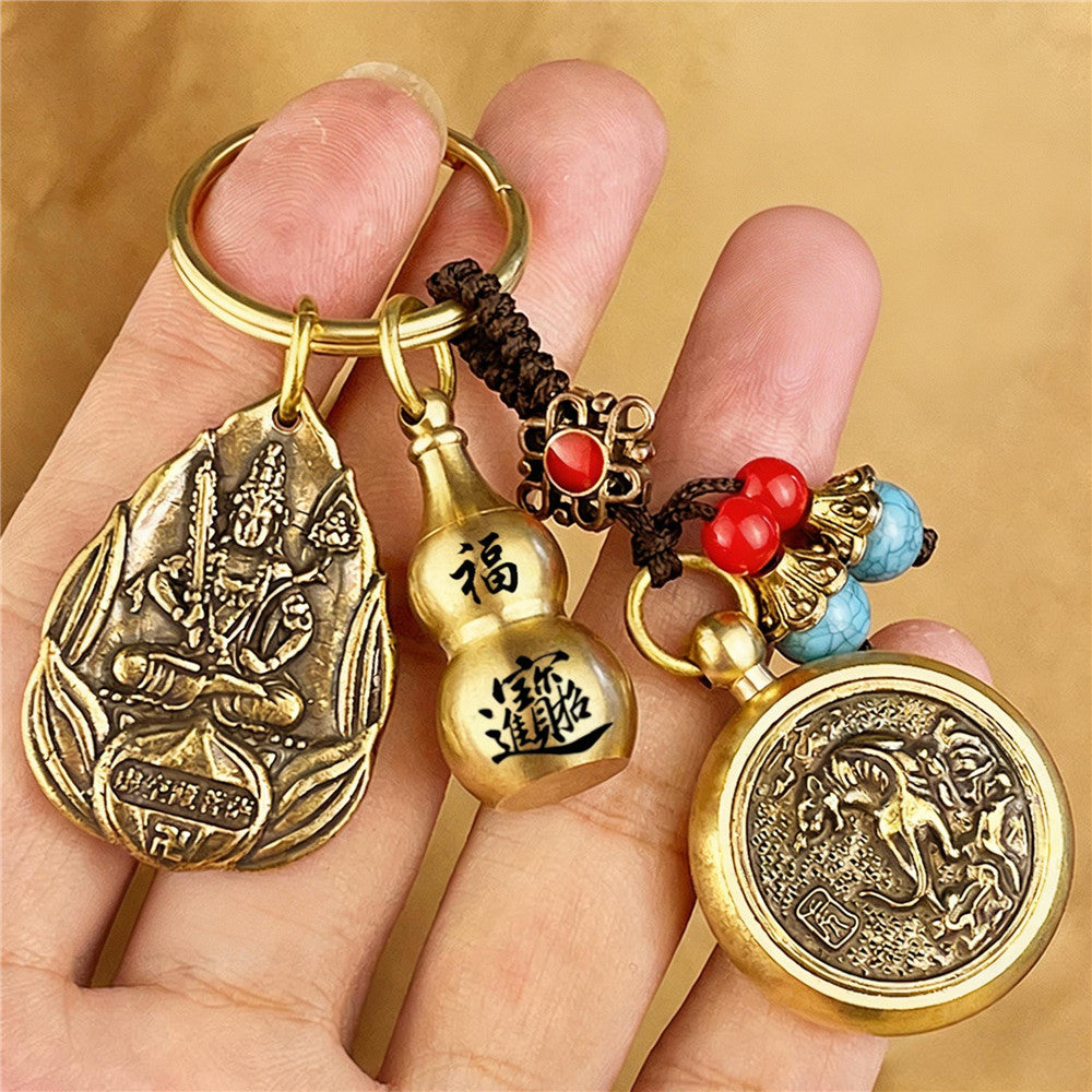 Zodiac Guardian Buddha Keychain | Brass Lucky Gourd Charm