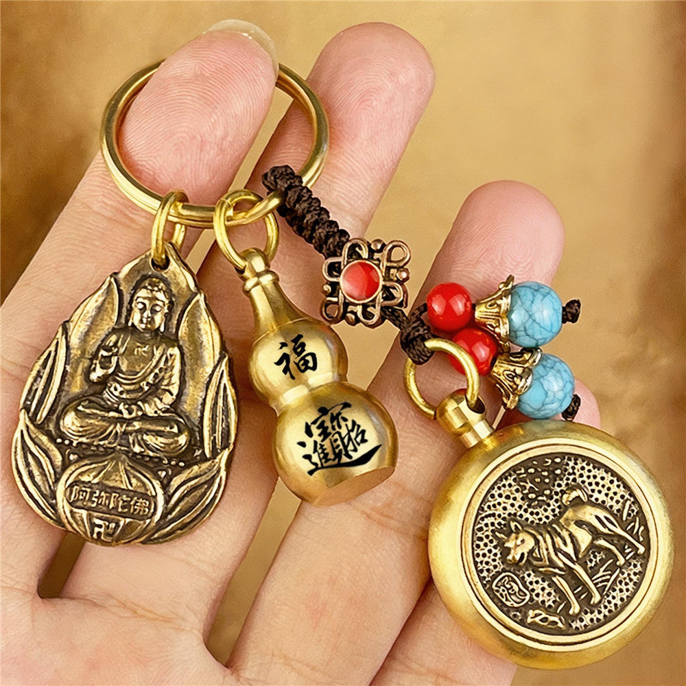 Zodiac Guardian Buddha Keychain | Brass Lucky Gourd Charm