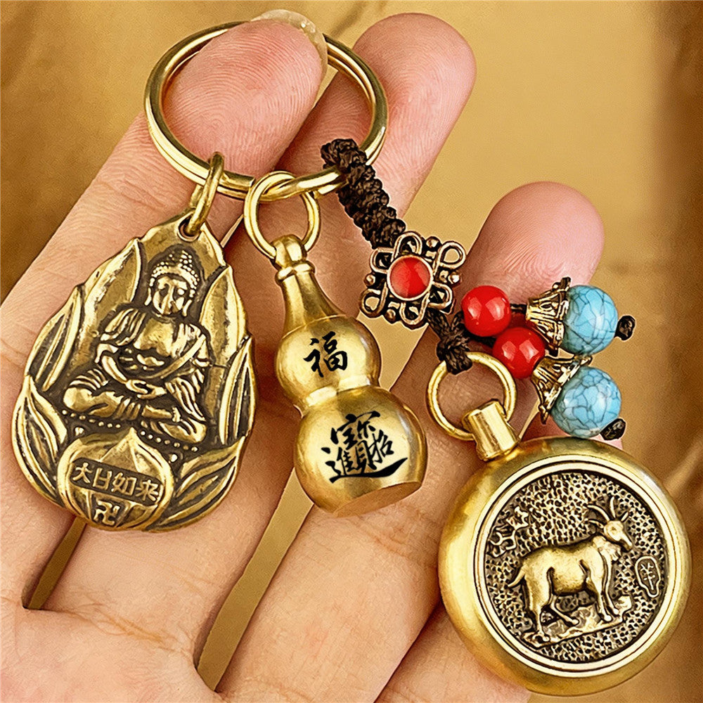 Zodiac Guardian Buddha Keychain | Brass Lucky Gourd Charm