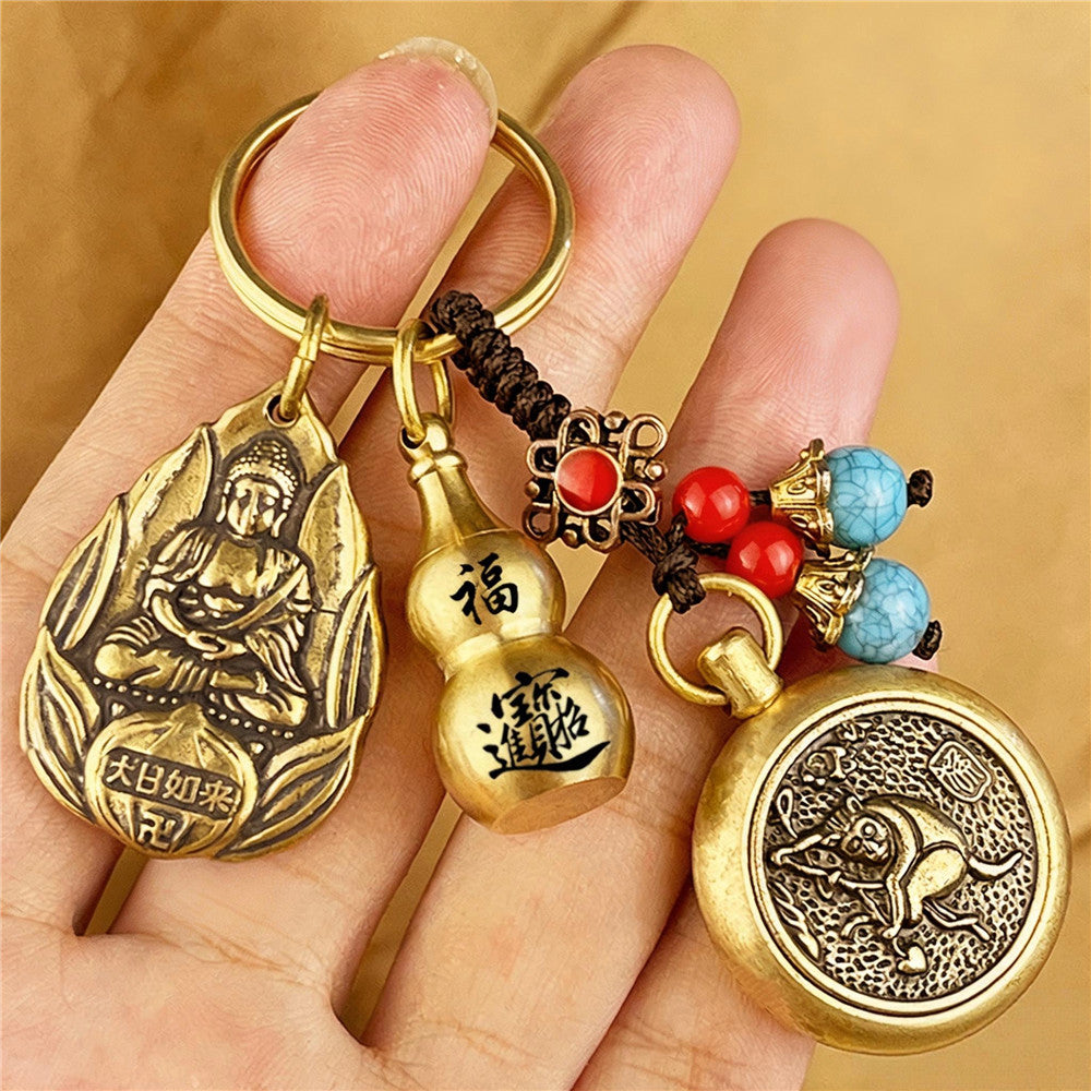 Zodiac Guardian Buddha Keychain | Brass Lucky Gourd Charm