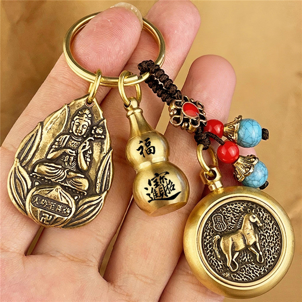 Zodiac Guardian Buddha Keychain | Brass Lucky Gourd Charm