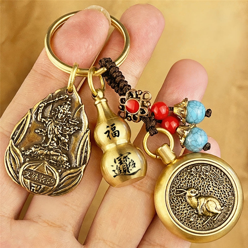 Zodiac Guardian Buddha Keychain | Brass Lucky Gourd Charm