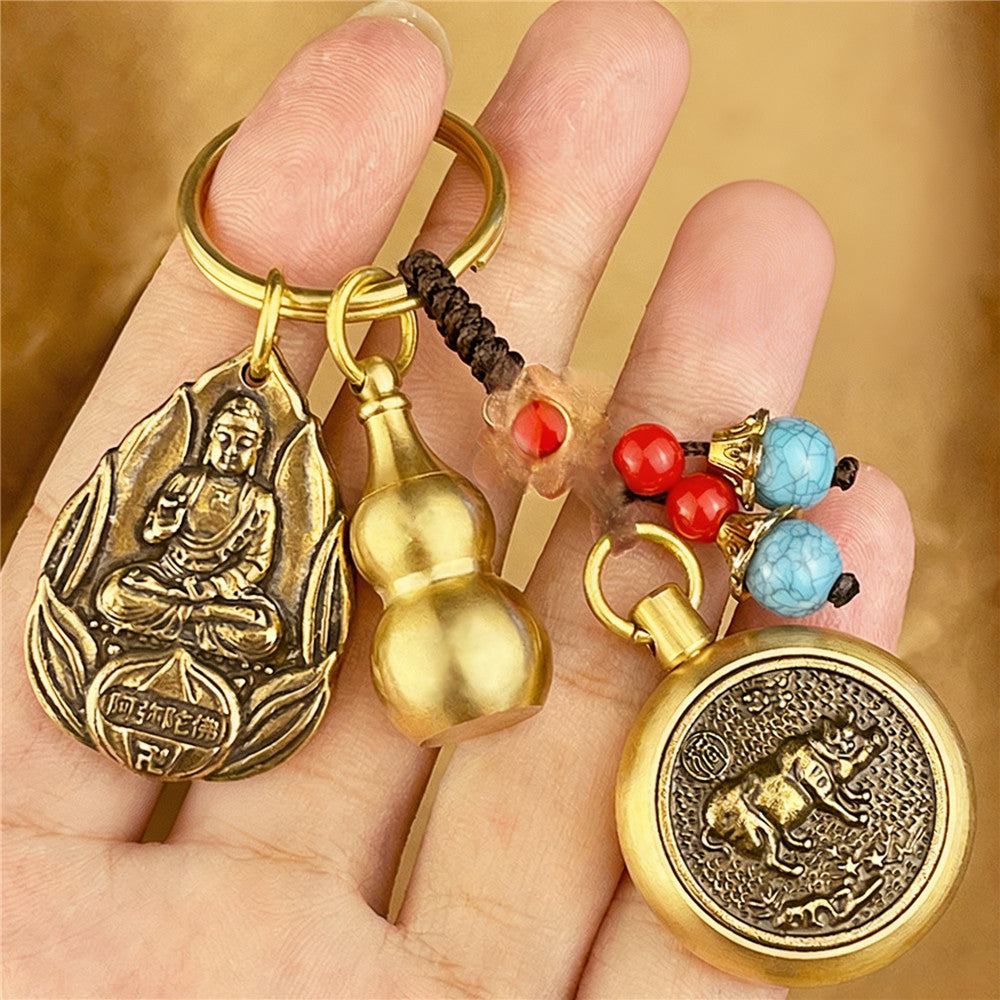 Zodiac Guardian Buddha Keychain | Brass Lucky Gourd Charm